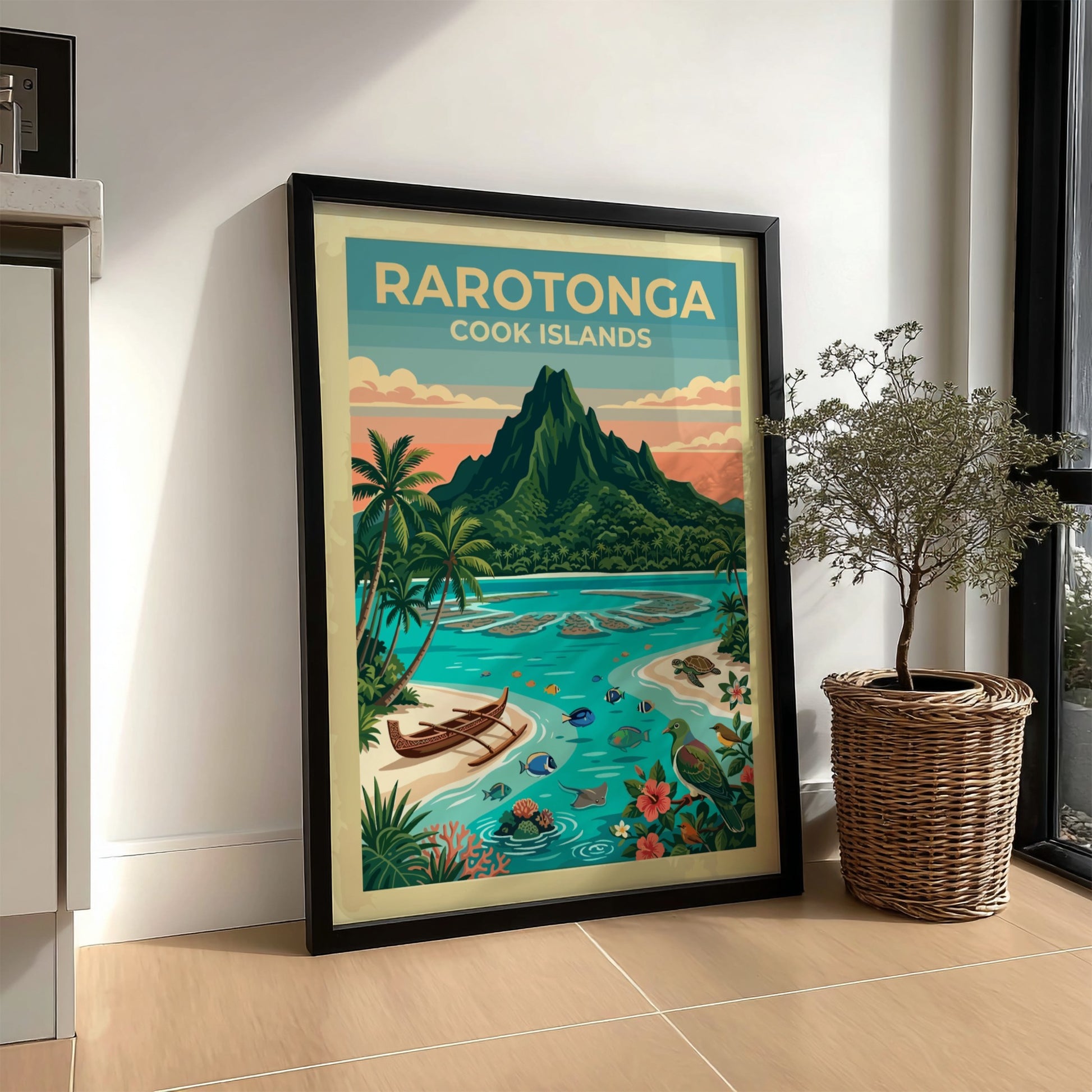 Rarotonga travel poster showing a volcanic mountain, turquoise lagoon, outrigger canoe, and tropical wildlife.