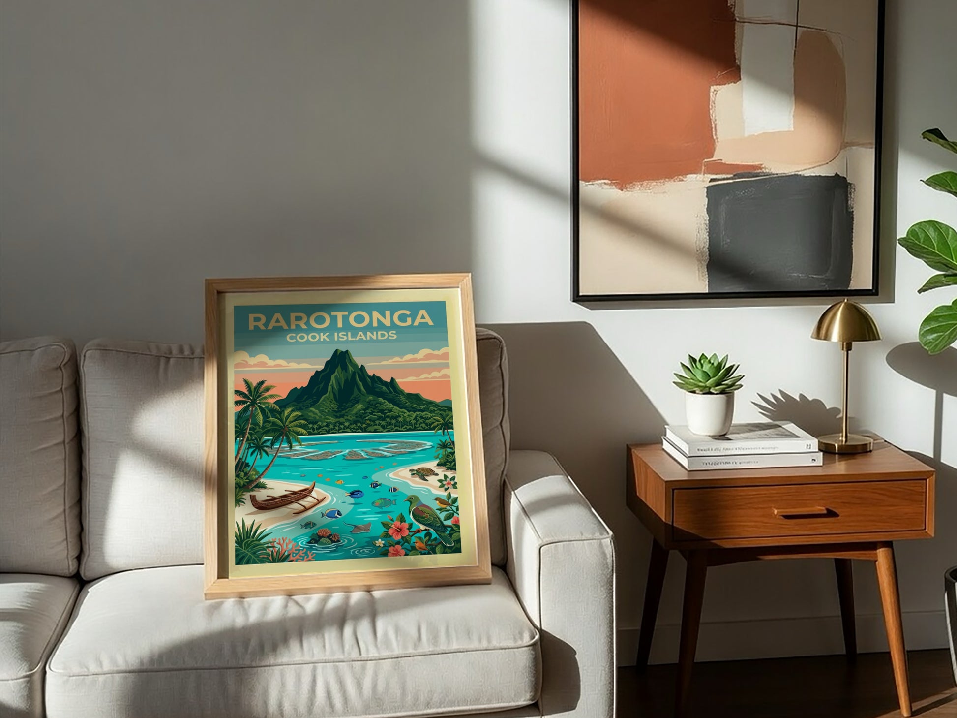 Rarotonga travel poster showing a volcanic mountain, turquoise lagoon, outrigger canoe, and tropical wildlife.