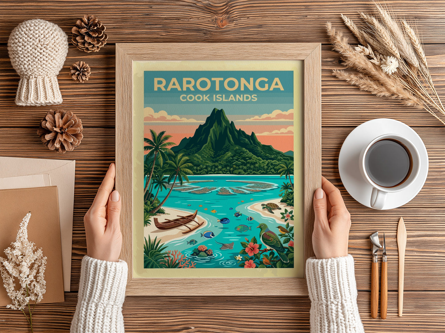 Rarotonga travel poster showing a volcanic mountain, turquoise lagoon, outrigger canoe, and tropical wildlife.