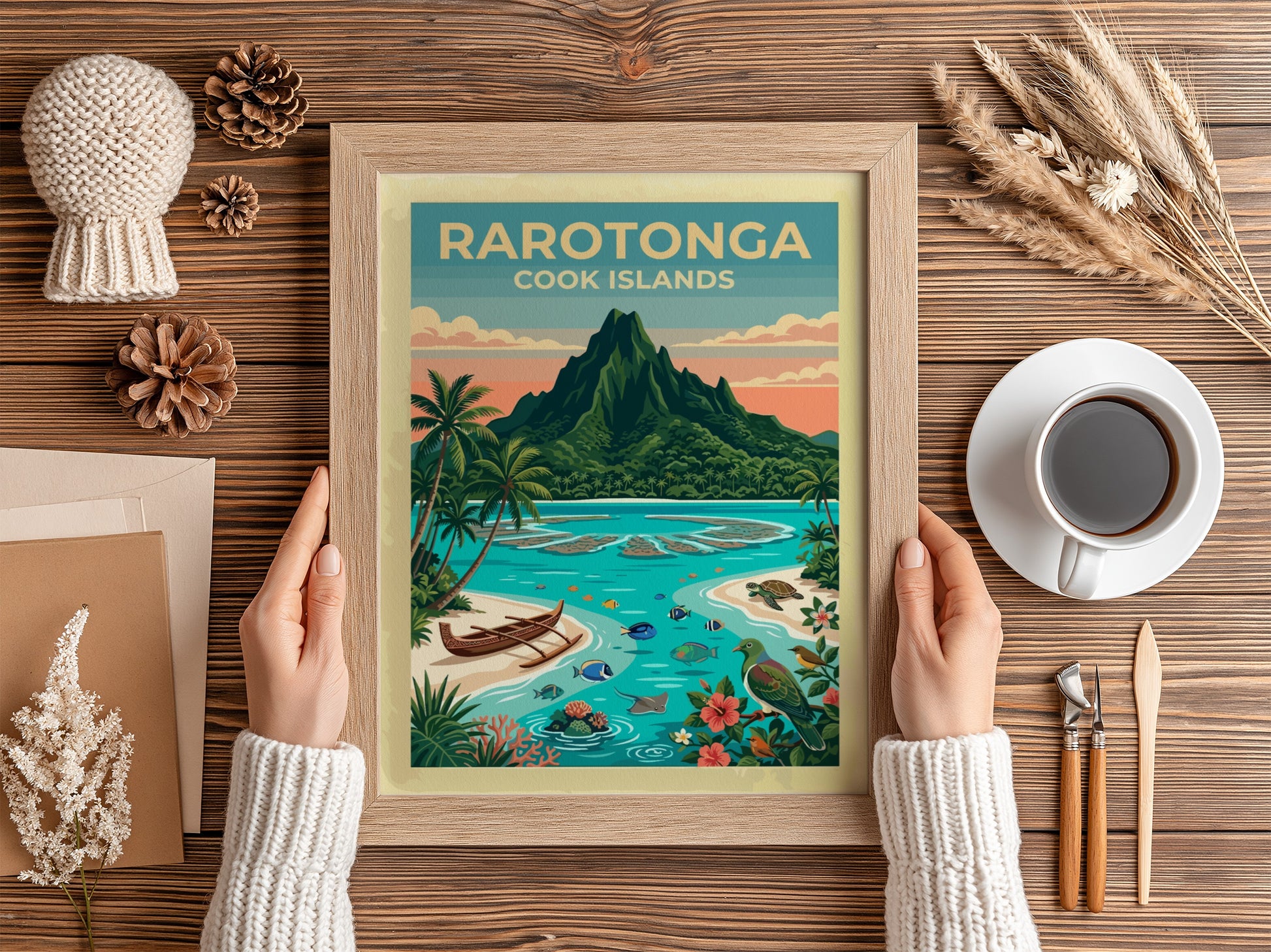Rarotonga travel poster showing a volcanic mountain, turquoise lagoon, outrigger canoe, and tropical wildlife.