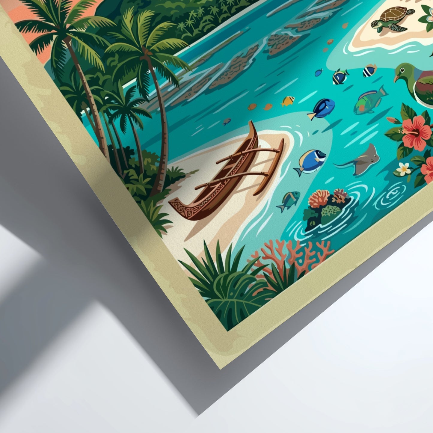 Rarotonga travel poster showing a volcanic mountain, turquoise lagoon, outrigger canoe, and tropical wildlife.