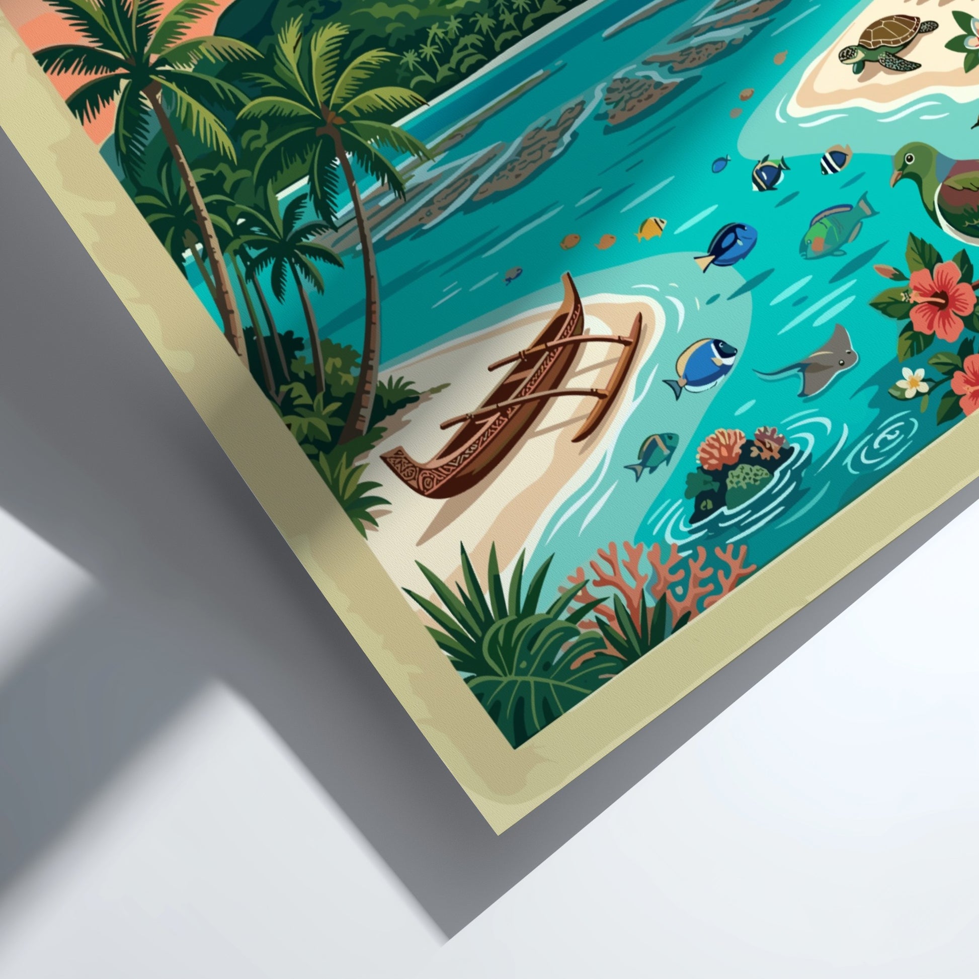 Rarotonga travel poster showing a volcanic mountain, turquoise lagoon, outrigger canoe, and tropical wildlife.