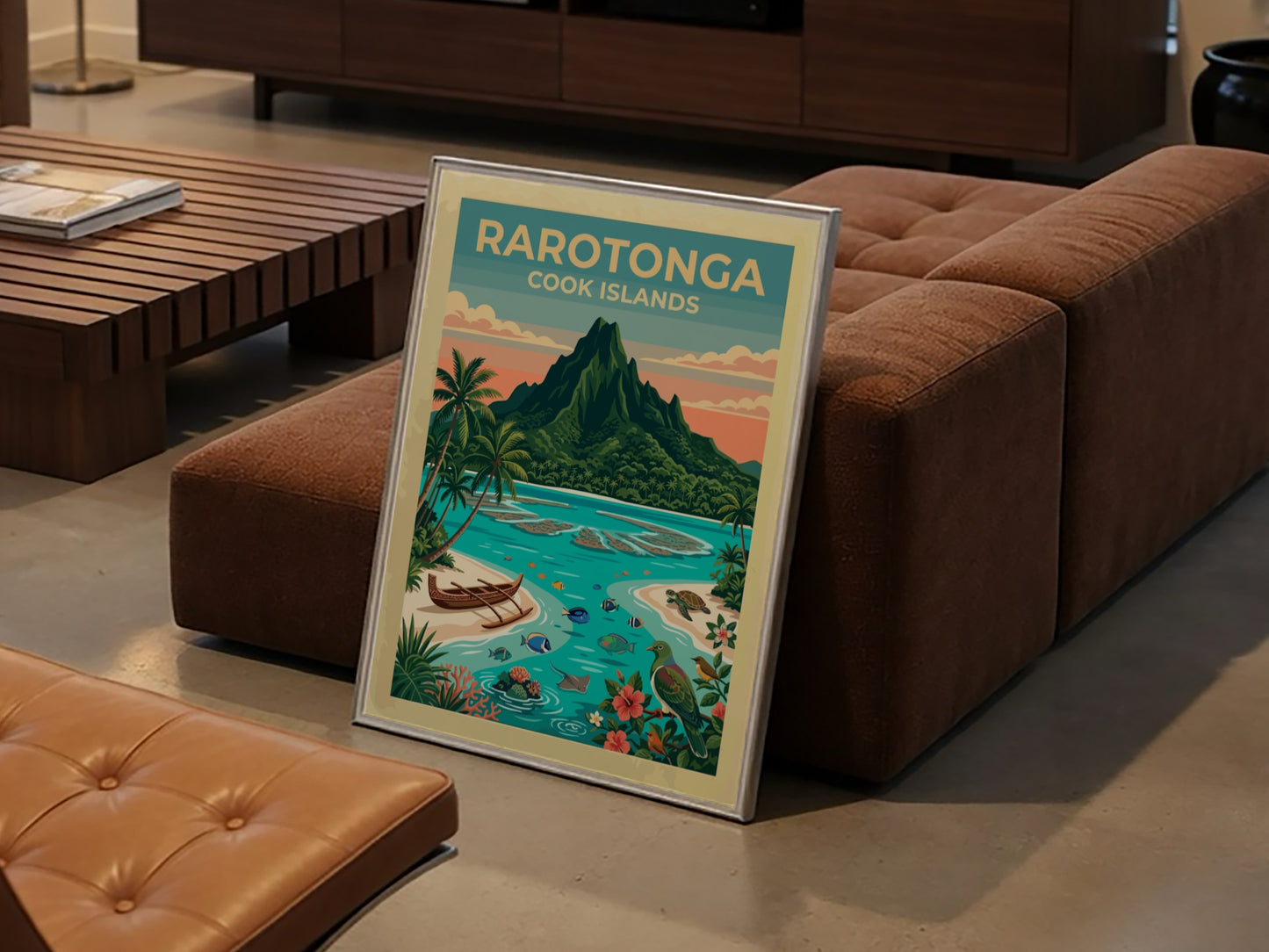 Rarotonga travel poster showing a volcanic mountain, turquoise lagoon, outrigger canoe, and tropical wildlife.