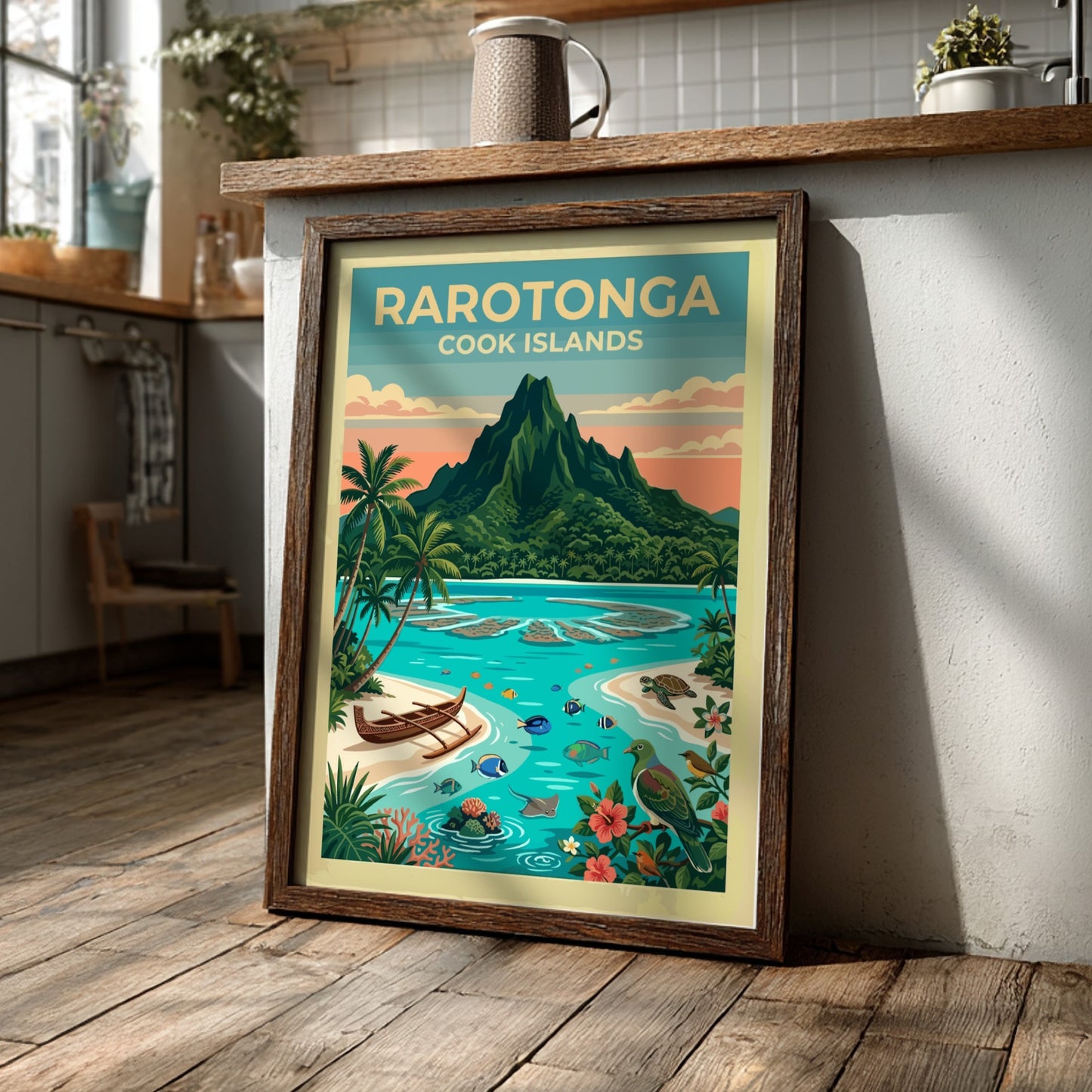 Rarotonga travel poster showing a volcanic mountain, turquoise lagoon, outrigger canoe, and tropical wildlife.