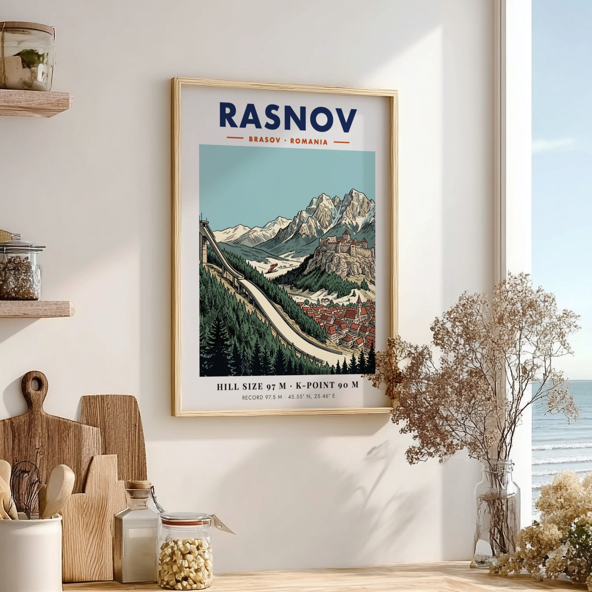 Poster featuring the Rasnov ski jump, a medieval fortress, and snowy mountain peaks.