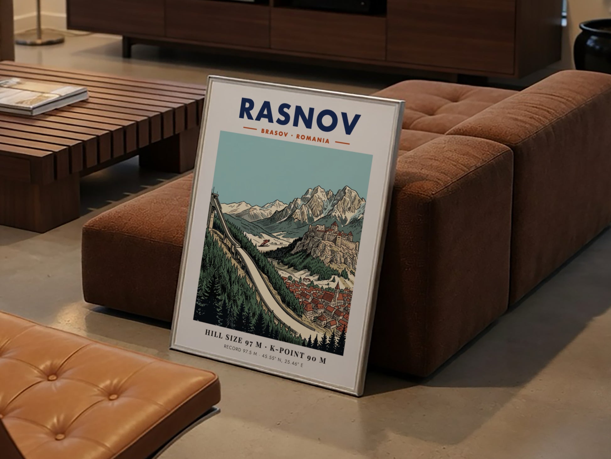 Poster featuring the Rasnov ski jump, a medieval fortress, and snowy mountain peaks.