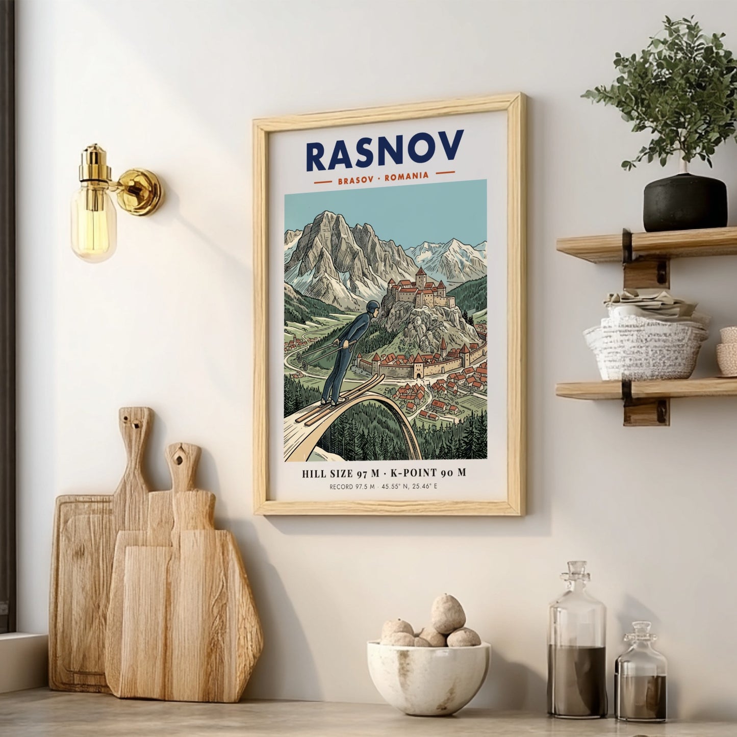 Poster of a ski jumper at the Rasnov fortress in Brasov Romania mountains