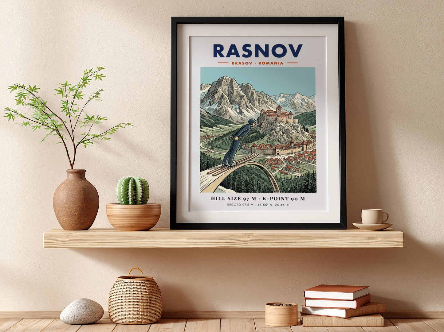 Poster of a ski jumper at the Rasnov fortress in Brasov Romania mountains