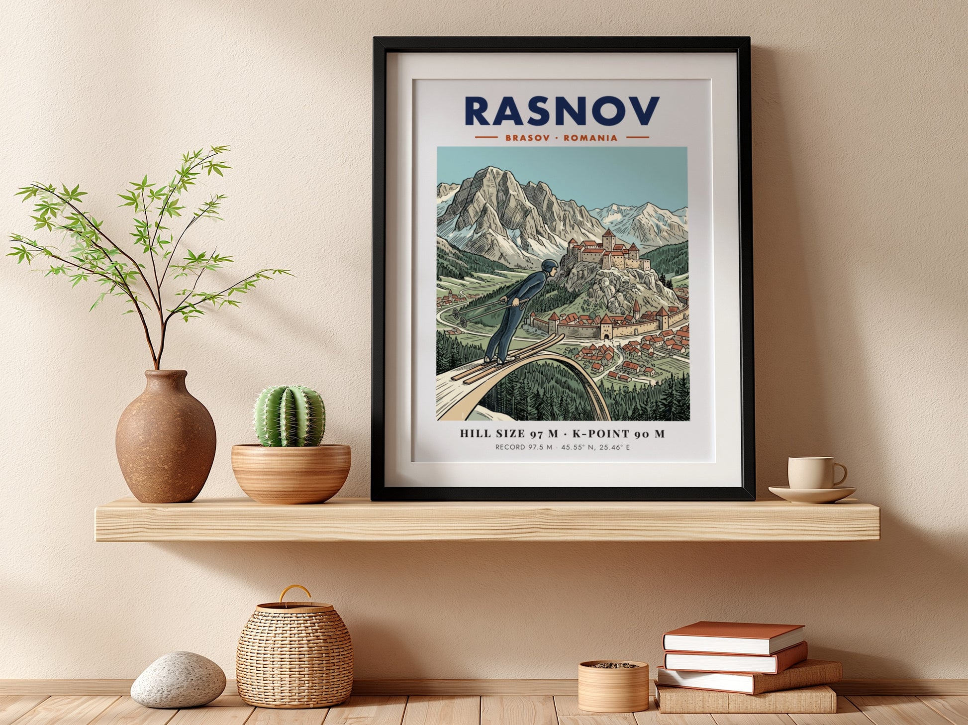 Poster of a ski jumper at the Rasnov fortress in Brasov Romania mountains