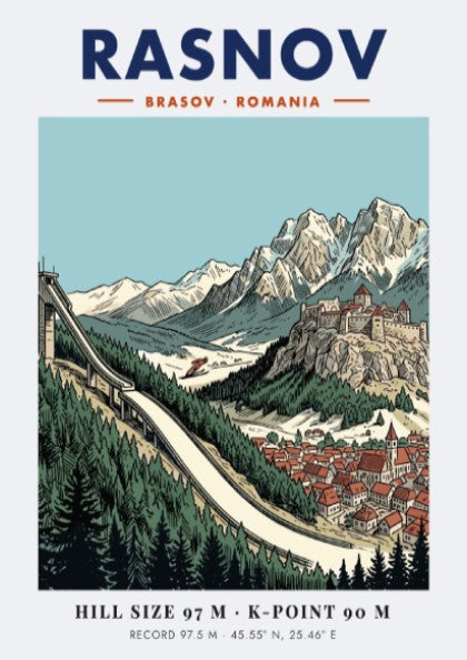 Poster featuring the Rasnov ski jump, a medieval fortress, and snowy mountain peaks.