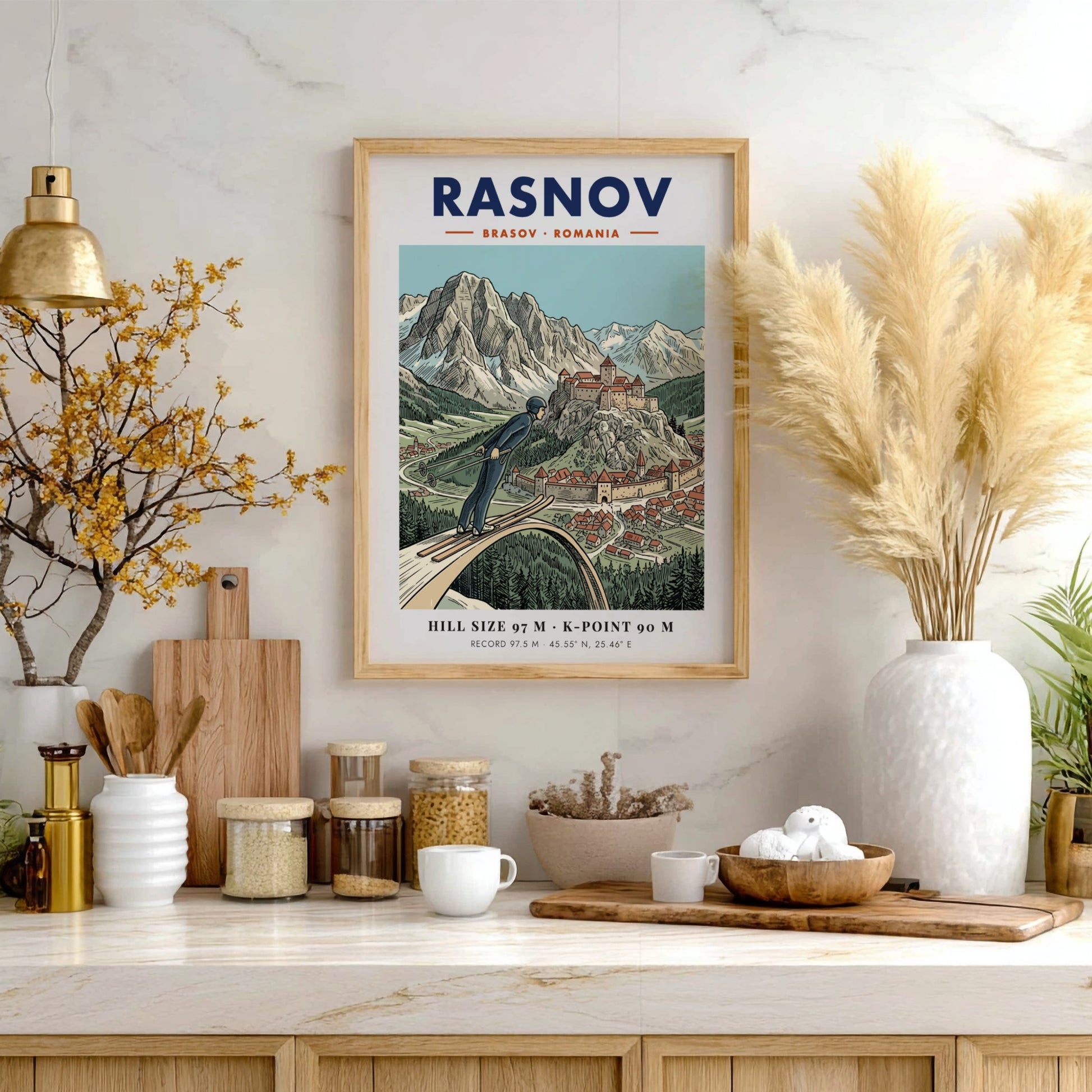 Poster of a ski jumper at the Rasnov fortress in Brasov Romania mountains