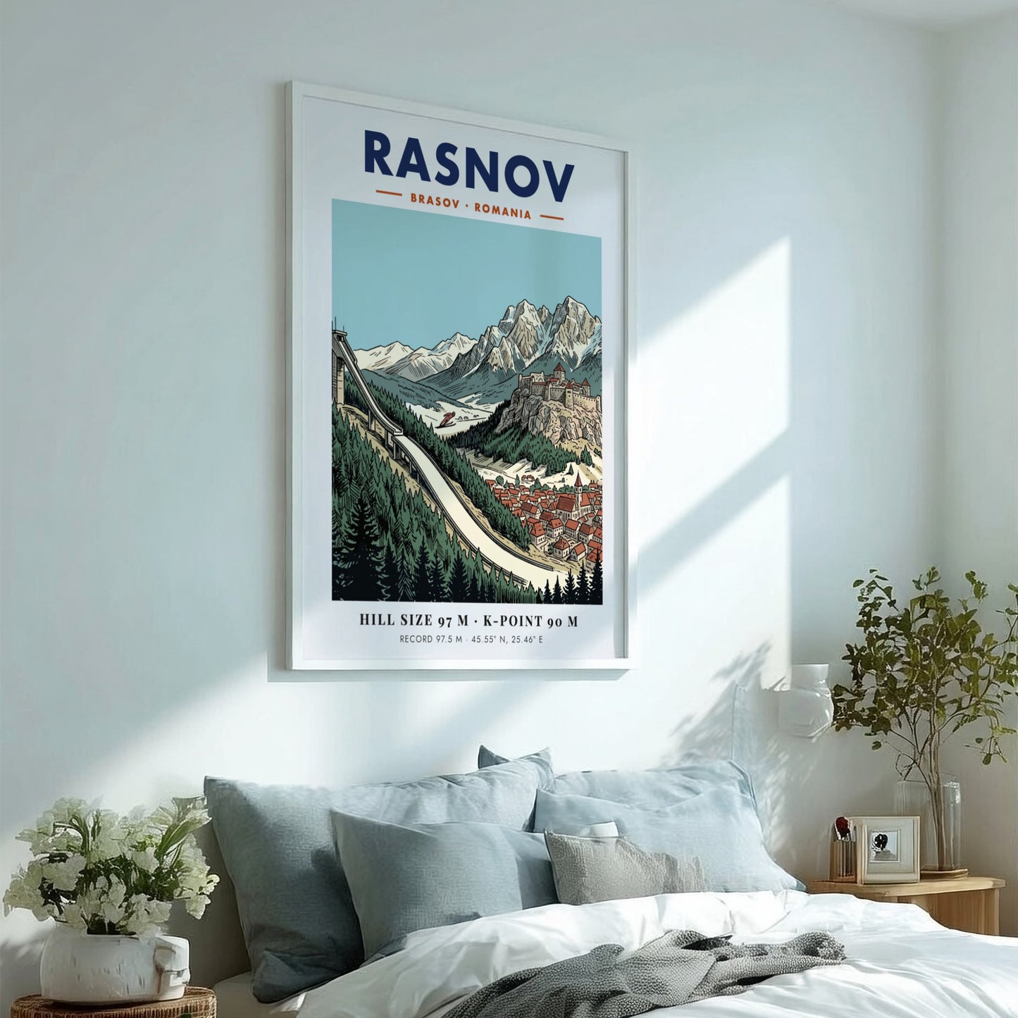 Poster featuring the Rasnov ski jump, a medieval fortress, and snowy mountain peaks.