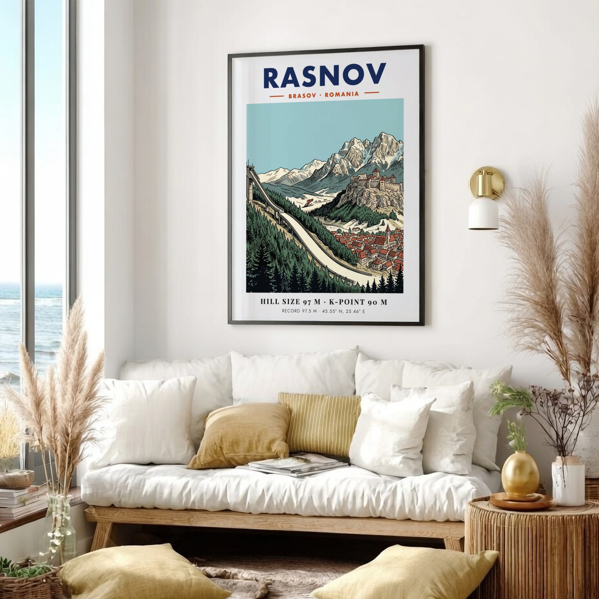 Poster featuring the Rasnov ski jump, a medieval fortress, and snowy mountain peaks.
