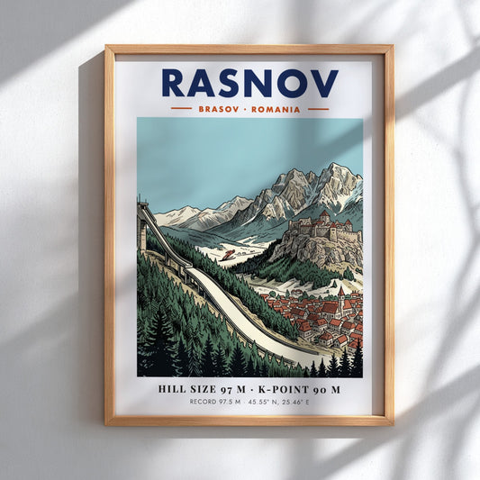 Poster featuring the Rasnov ski jump, a medieval fortress, and snowy mountain peaks.