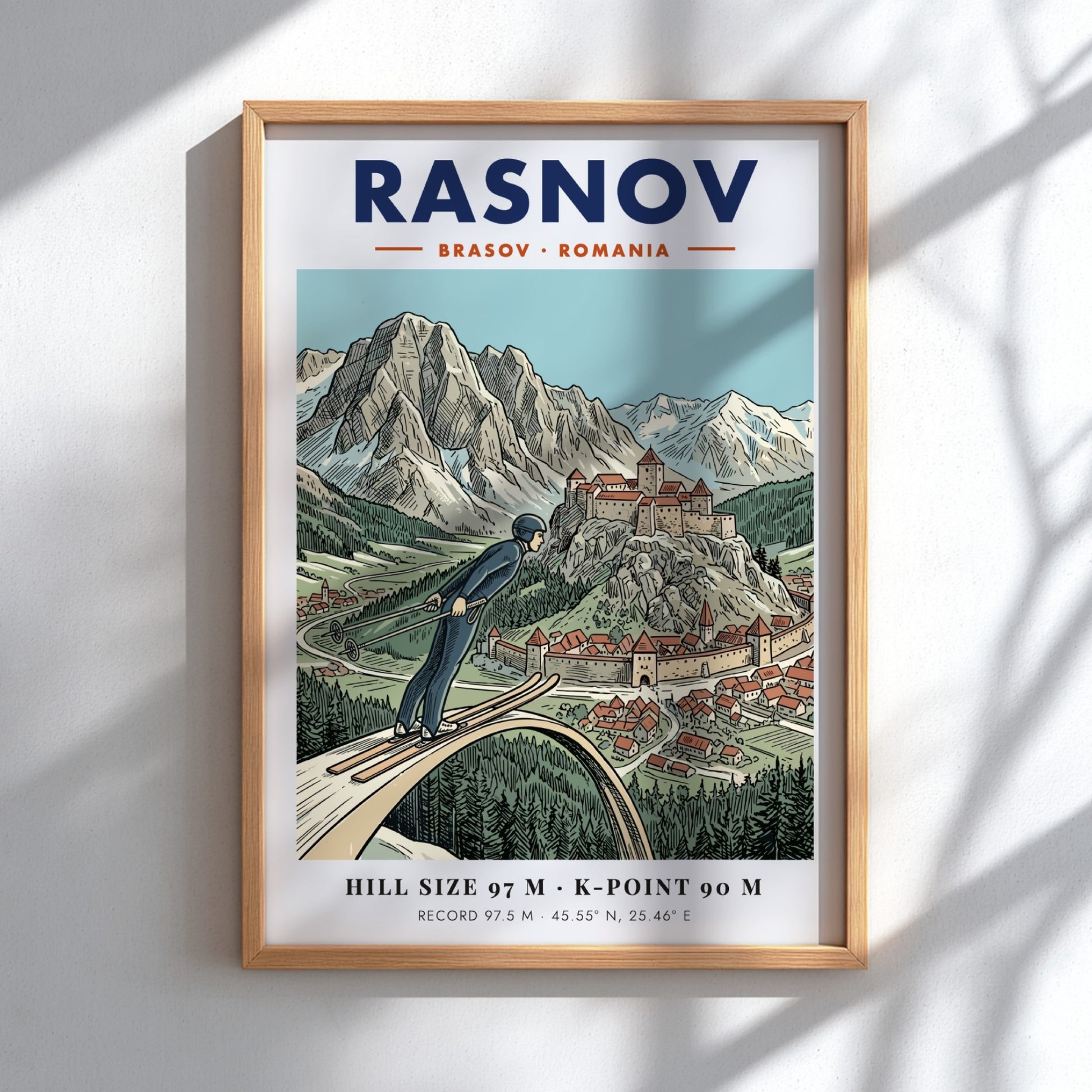 Poster of a ski jumper at the Rasnov fortress in Brasov Romania mountains