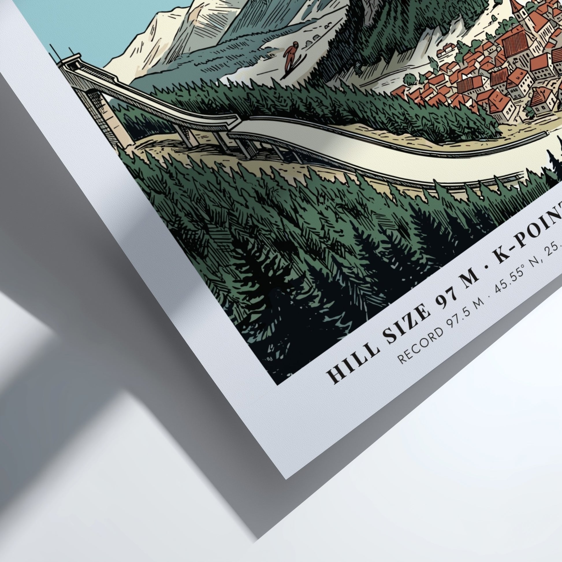 Poster featuring the Rasnov ski jump, a medieval fortress, and snowy mountain peaks.