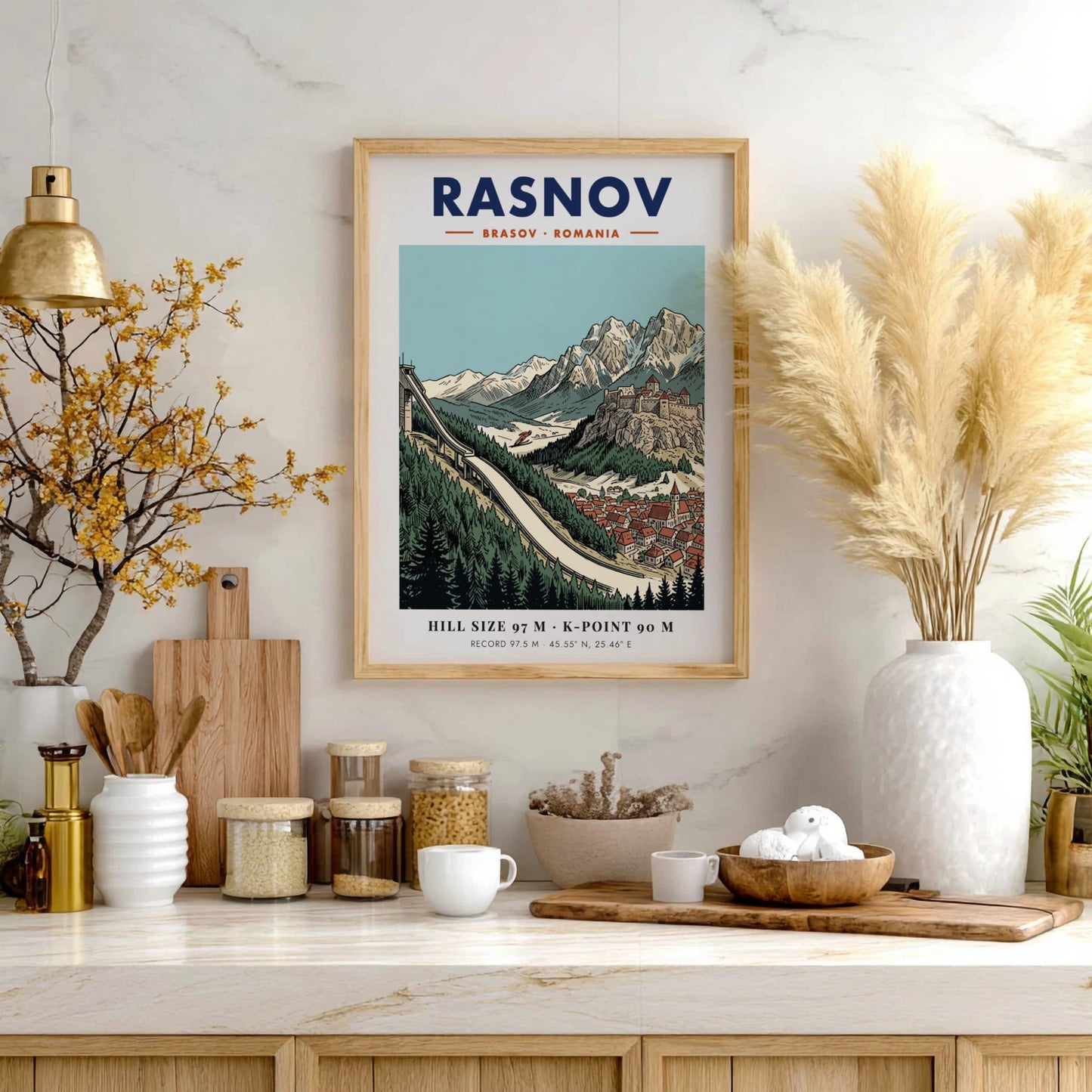 Poster featuring the Rasnov ski jump, a medieval fortress, and snowy mountain peaks.