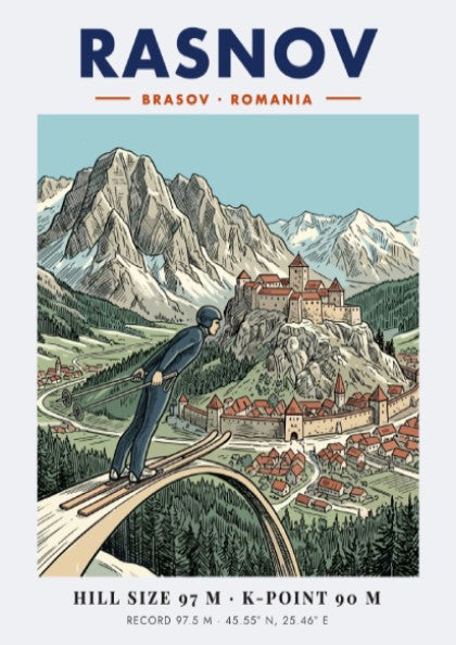 Poster of a ski jumper at the Rasnov fortress in Brasov Romania mountains