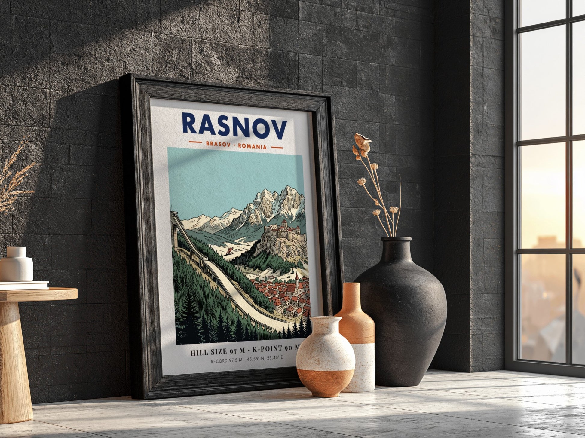 Poster featuring the Rasnov ski jump, a medieval fortress, and snowy mountain peaks.