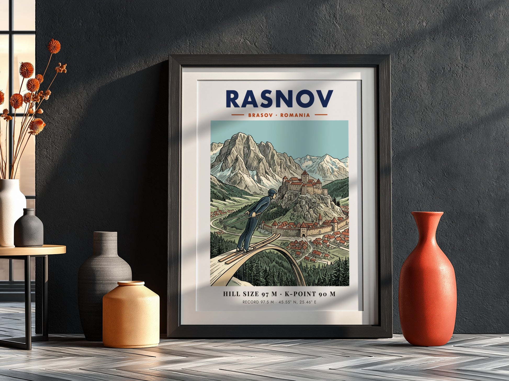 Poster of a ski jumper at the Rasnov fortress in Brasov Romania mountains