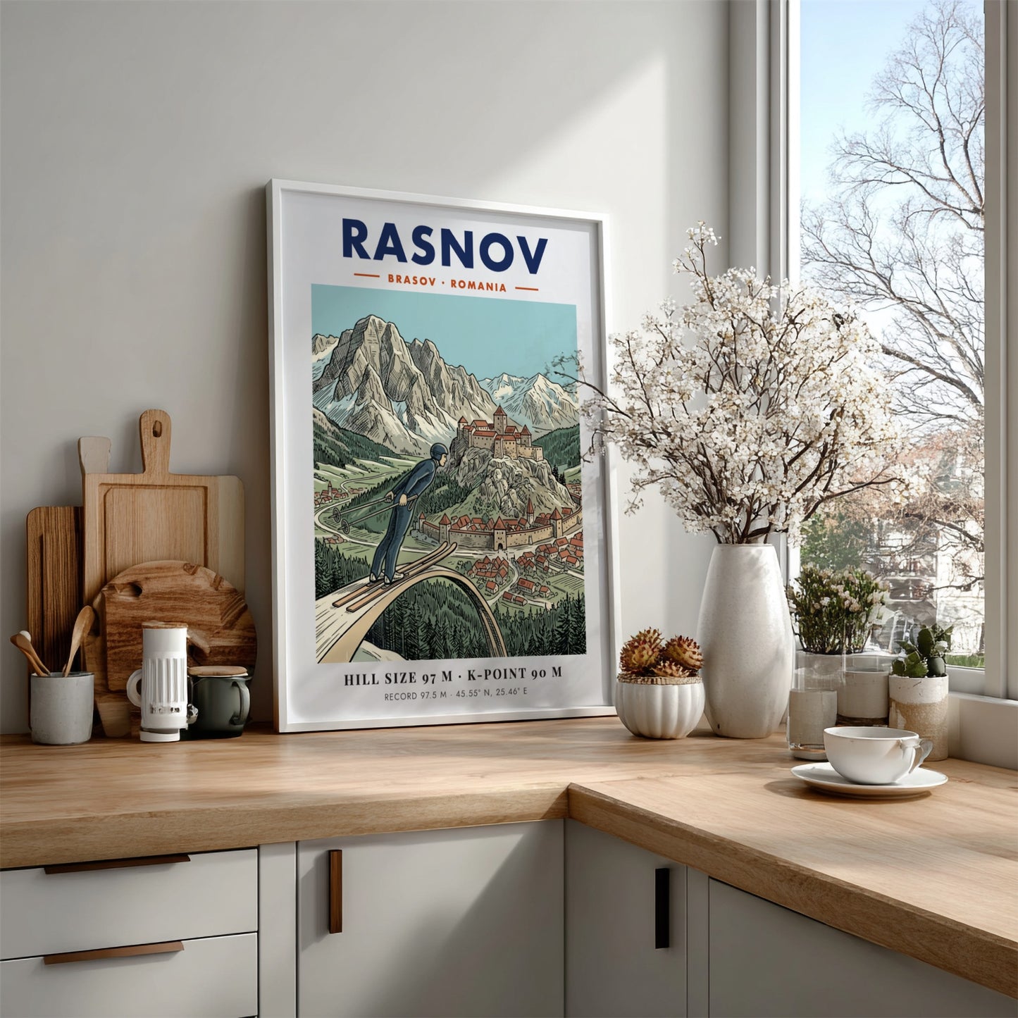Poster of a ski jumper at the Rasnov fortress in Brasov Romania mountains