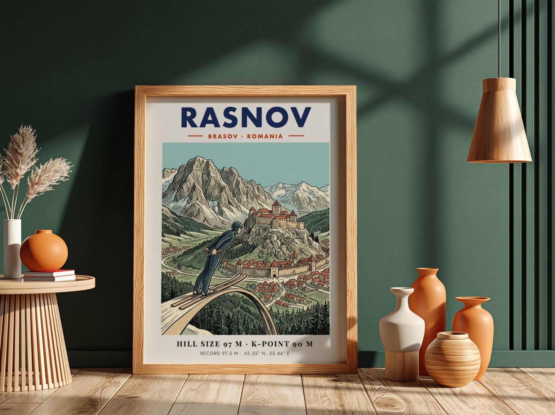 Poster of a ski jumper at the Rasnov fortress in Brasov Romania mountains