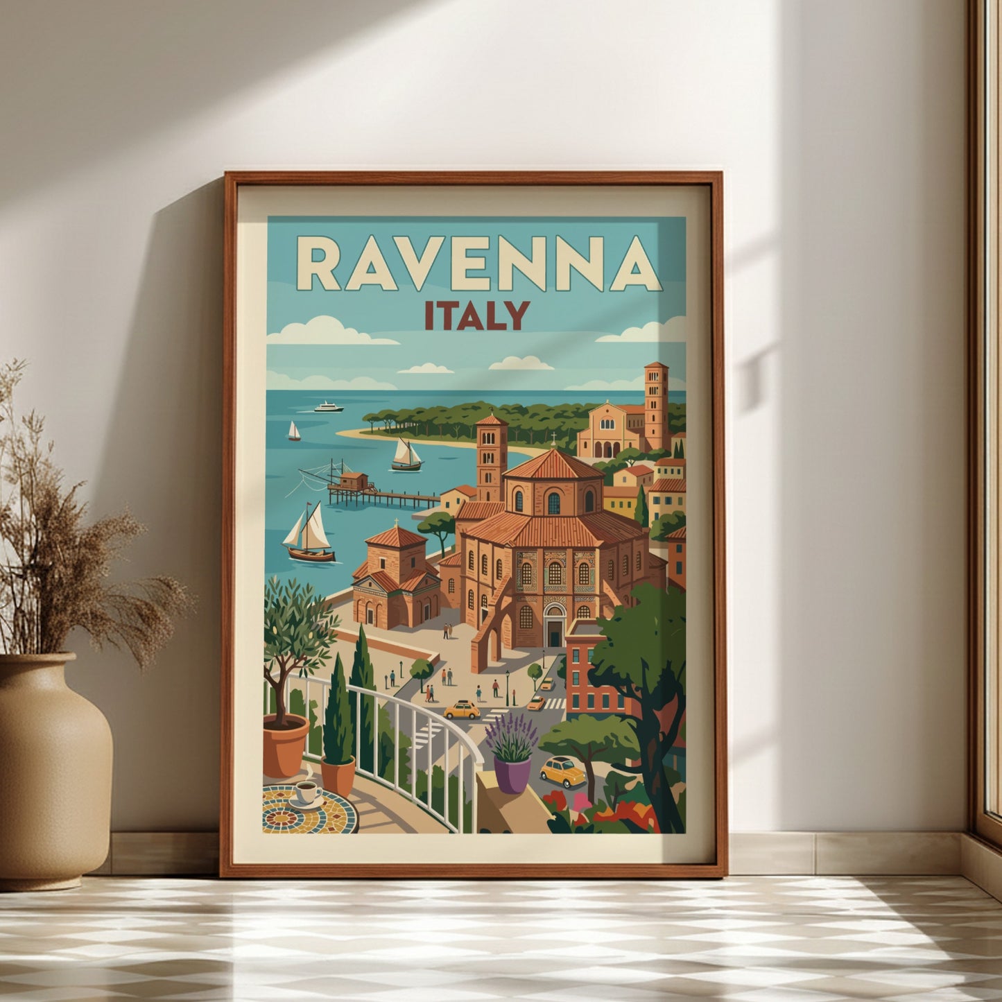 Ravenna Italy travel poster with vintage cityscape illustration and coastal view.