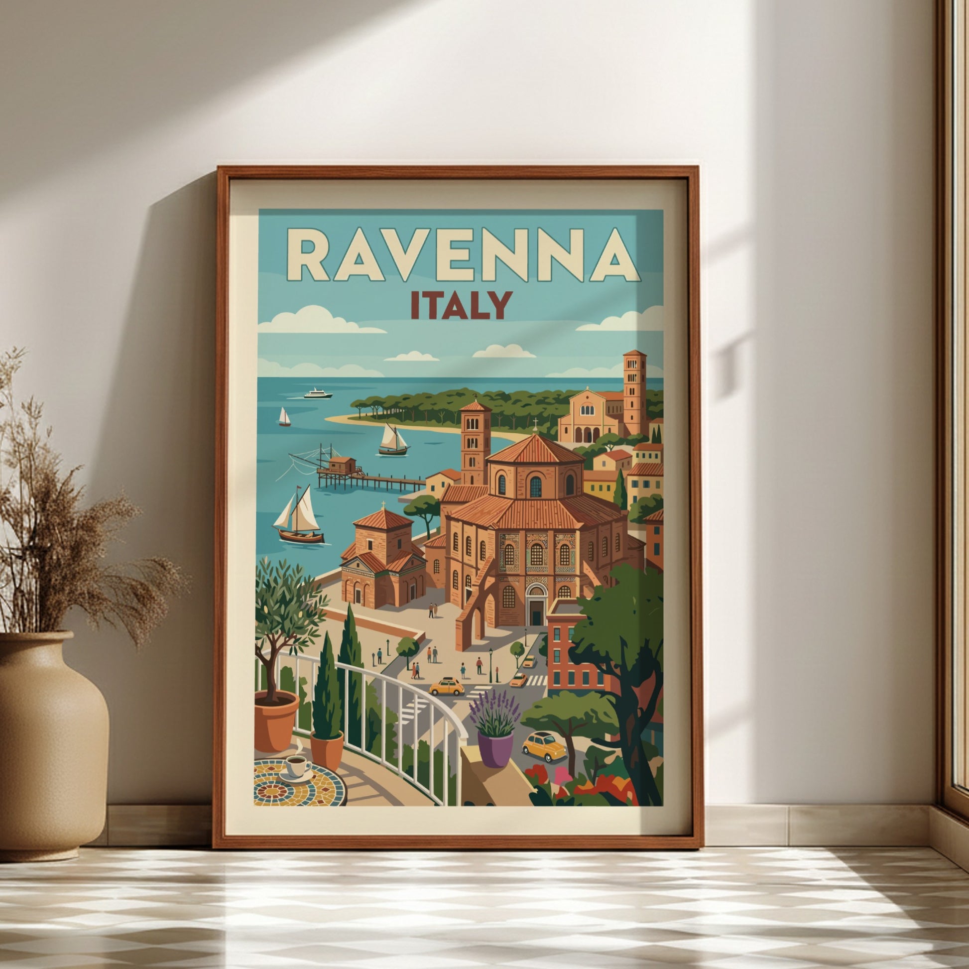 Ravenna Italy travel poster with vintage cityscape illustration and coastal view.