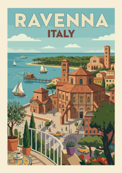 Ravenna Italy travel poster with vintage cityscape illustration and coastal view.
