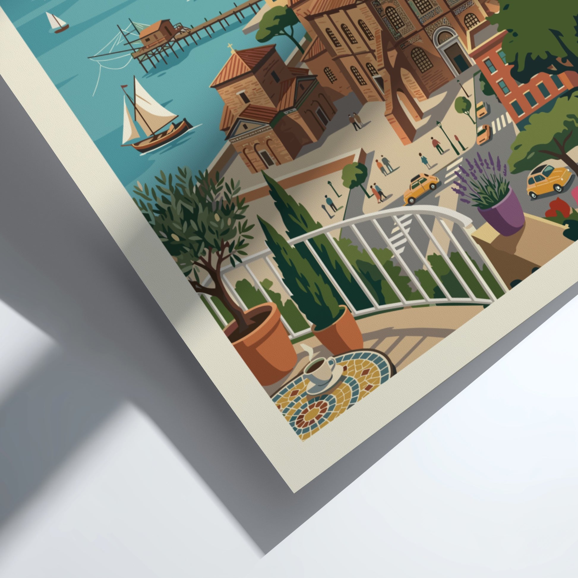 Ravenna Italy travel poster with vintage cityscape illustration and coastal view.