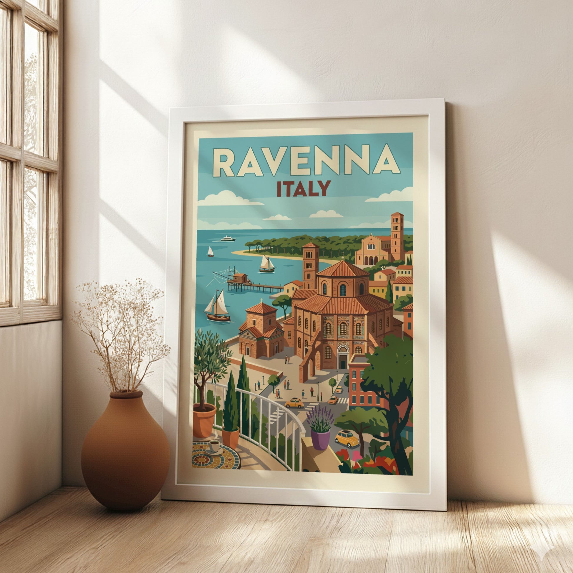 Ravenna Italy travel poster with vintage cityscape illustration and coastal view.
