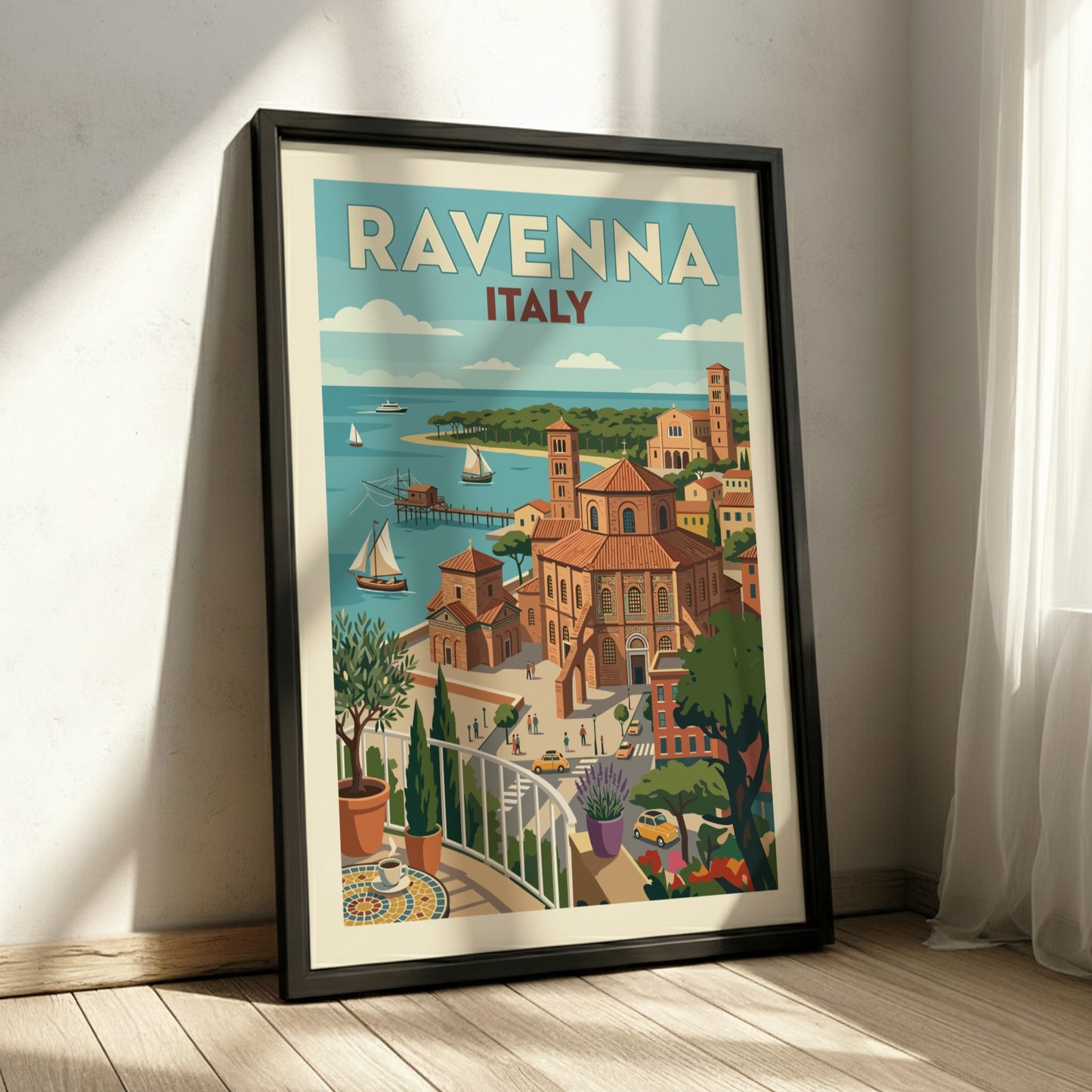 Ravenna Italy travel poster with vintage cityscape illustration and coastal view.