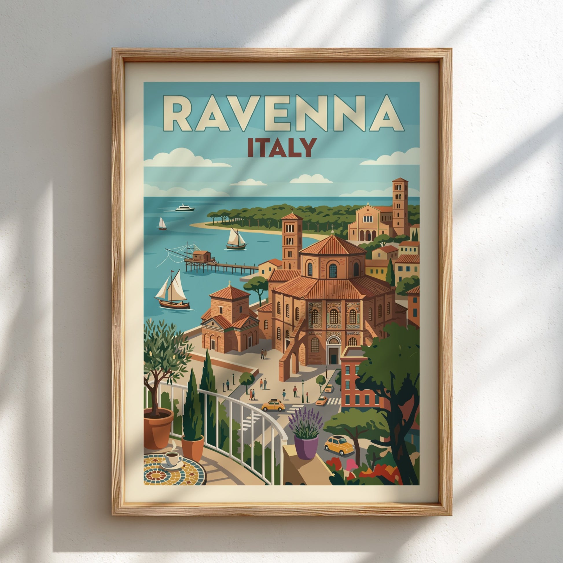Ravenna Italy travel poster with vintage cityscape illustration and coastal view.