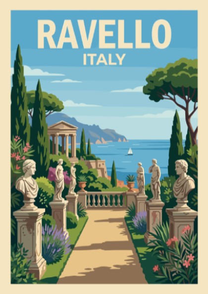 Poster of Ravello Italy featuring a stone garden path with sculptures and sea