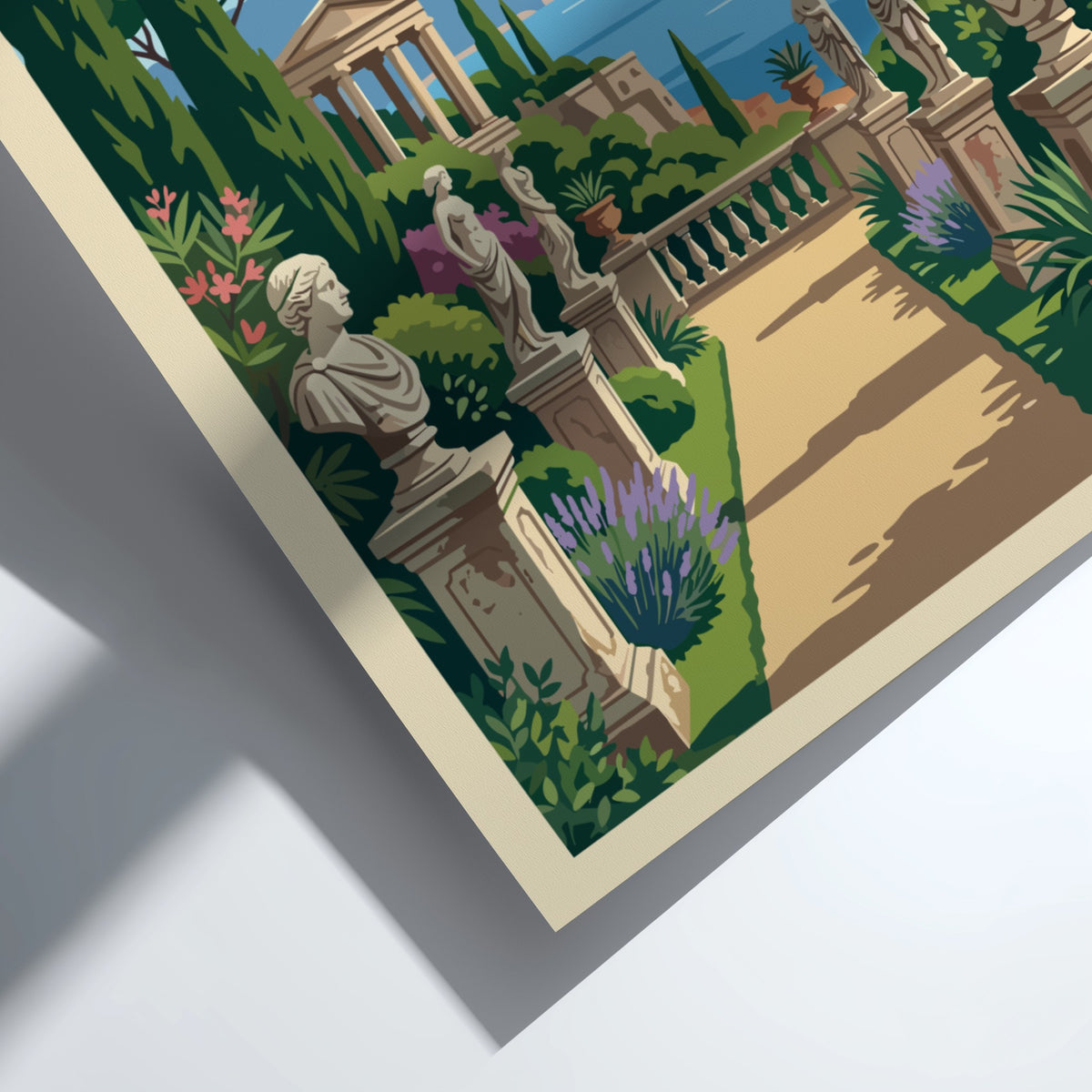 Poster of Ravello Italy featuring a stone garden path with sculptures and sea