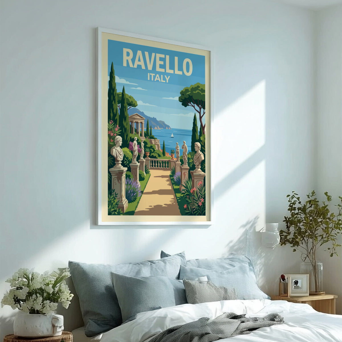 Poster of Ravello Italy featuring a stone garden path with sculptures and sea