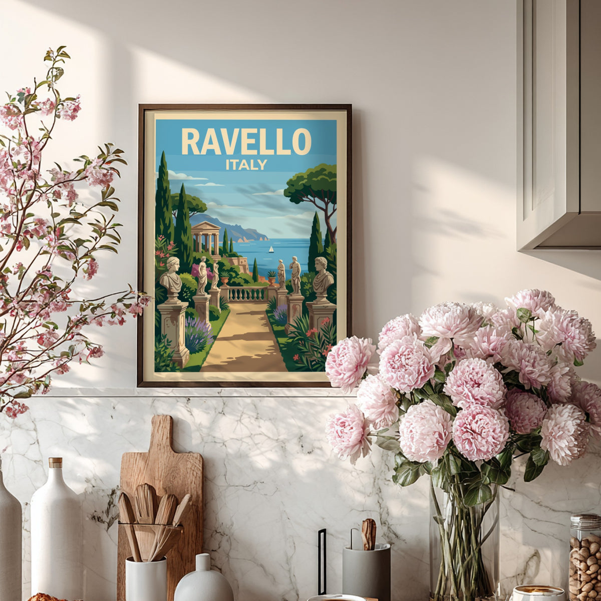 Poster of Ravello Italy featuring a stone garden path with sculptures and sea