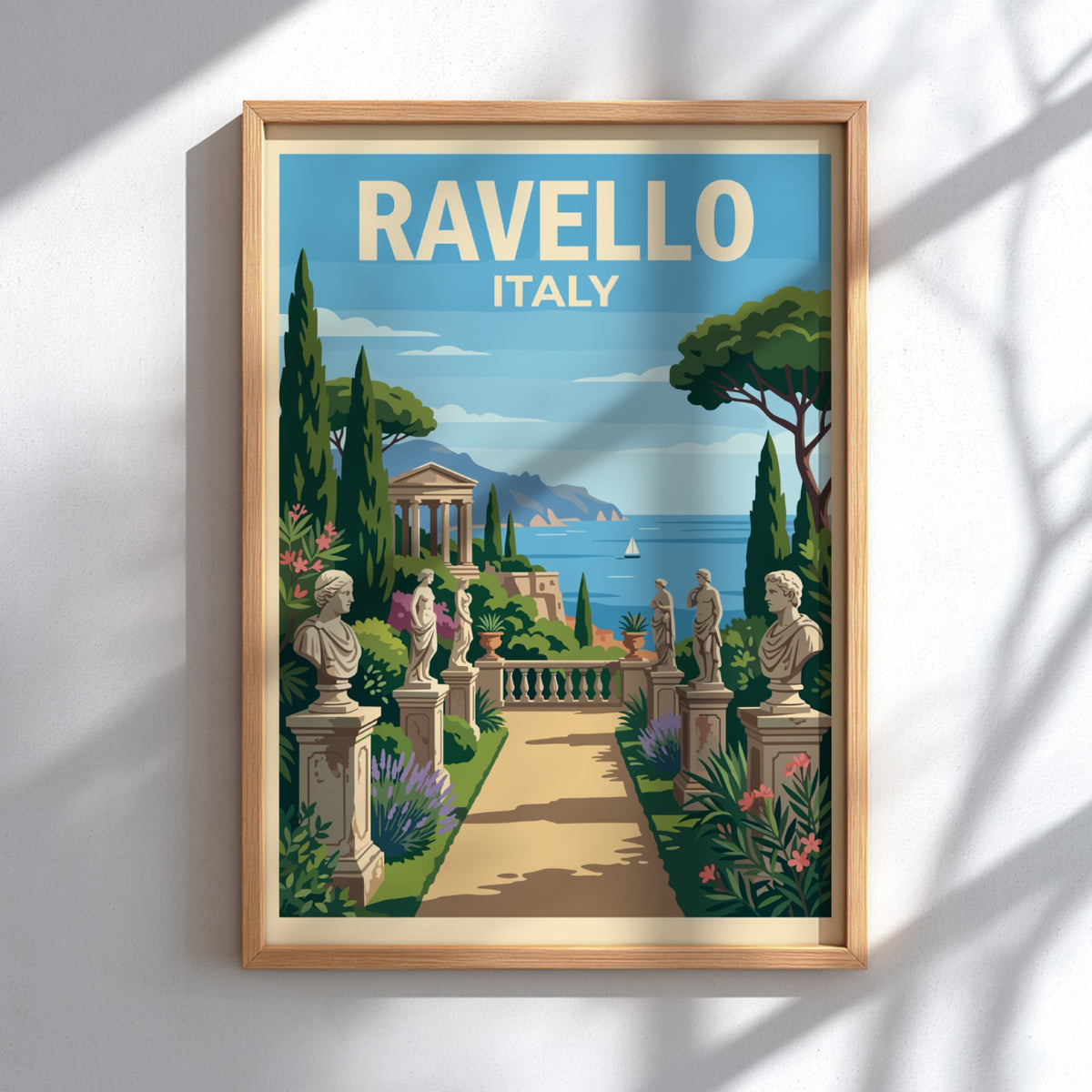 Poster of Ravello Italy featuring a stone garden path with sculptures and sea