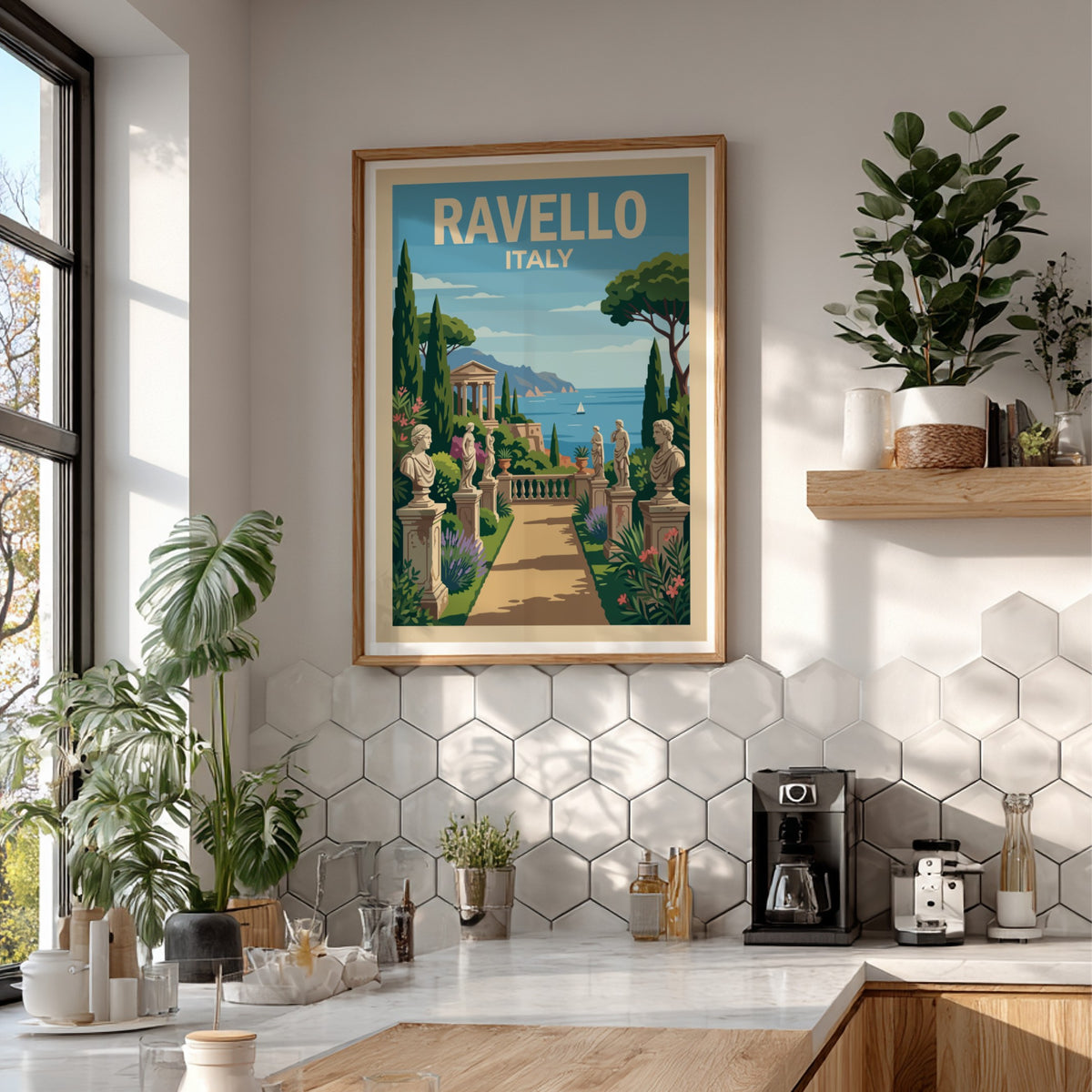 Poster of Ravello Italy featuring a stone garden path with sculptures and sea