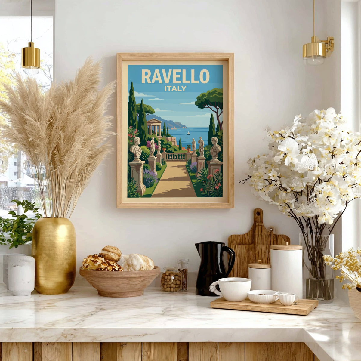 Poster of Ravello Italy featuring a stone garden path with sculptures and sea
