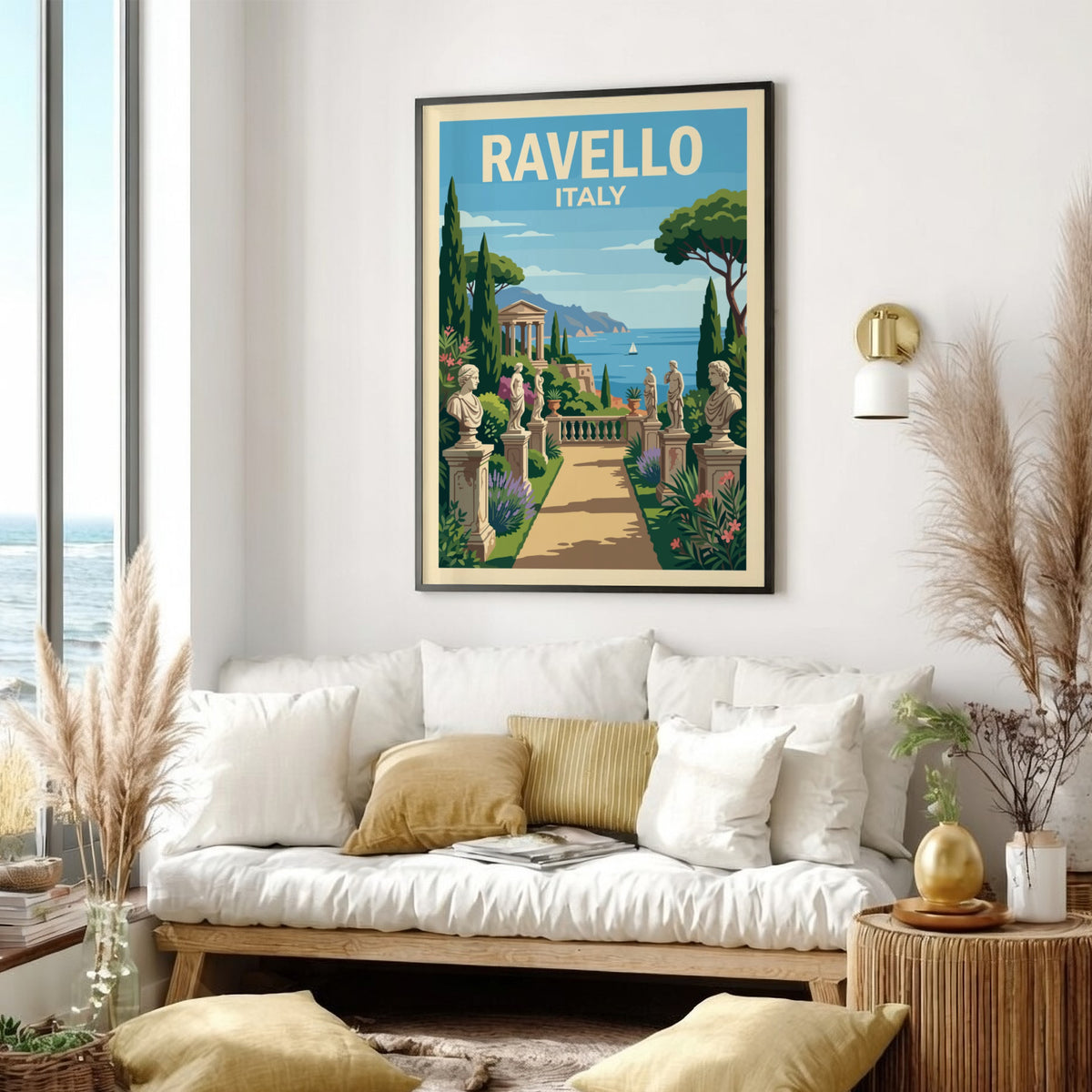 Poster of Ravello Italy featuring a stone garden path with sculptures and sea