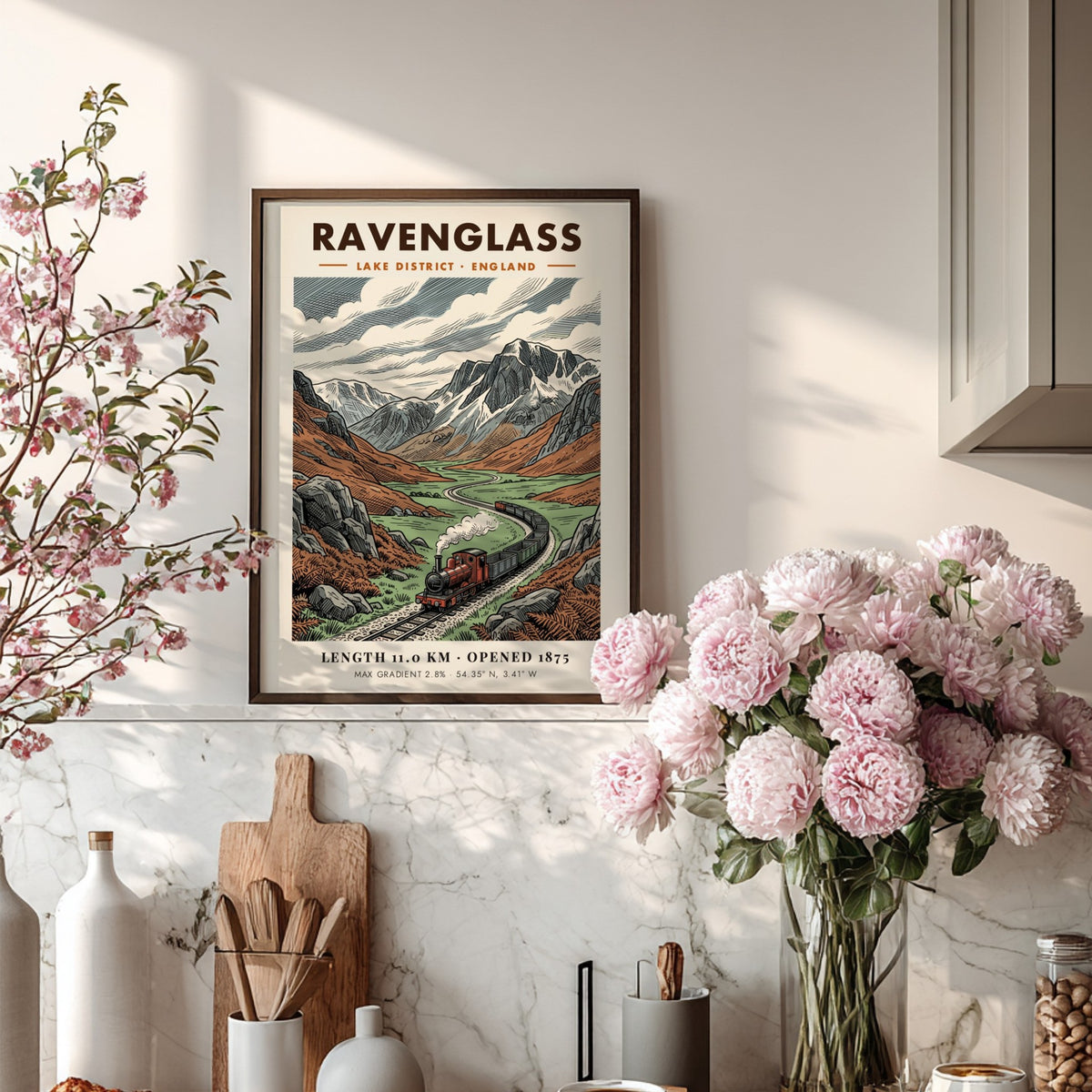 Poster featuring a steam train winding through the rugged Lake District mountain landscape.