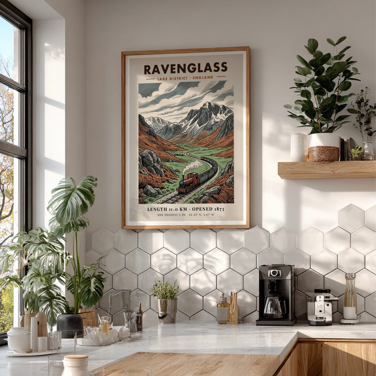 Poster featuring a steam train winding through the rugged Lake District mountain landscape.