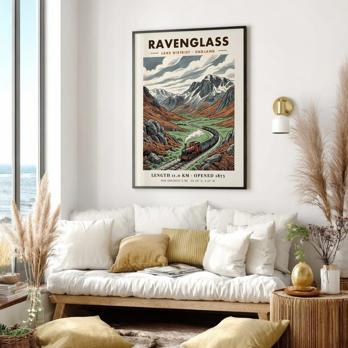 Poster featuring a steam train winding through the rugged Lake District mountain landscape.
