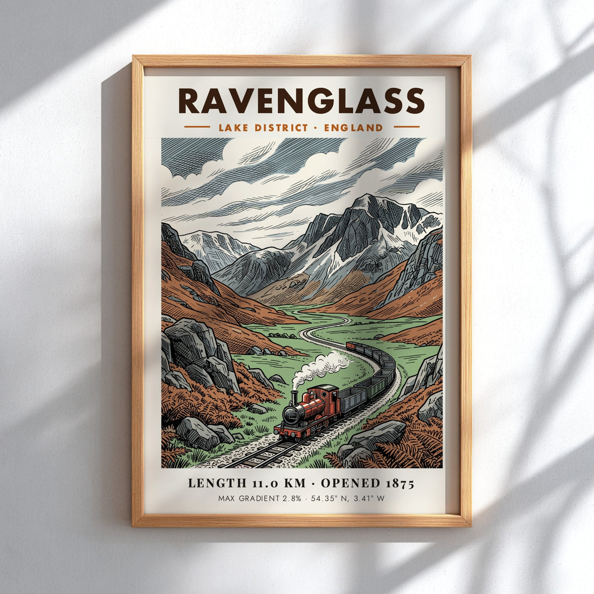 Poster featuring a steam train winding through the rugged Lake District mountain landscape.