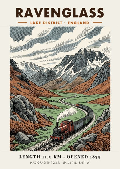 Poster featuring a steam train winding through the rugged Lake District mountain landscape.