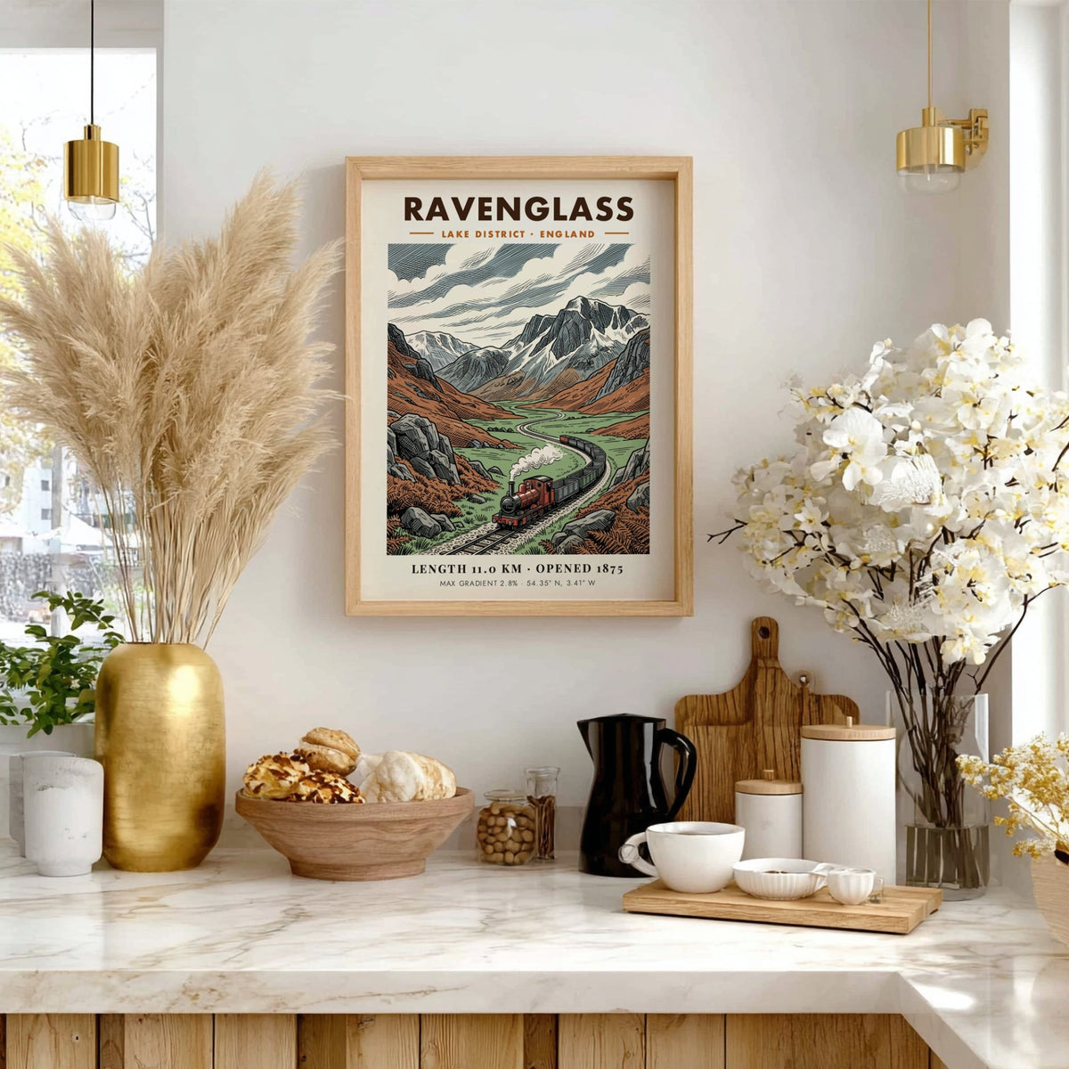 Poster featuring a steam train winding through the rugged Lake District mountain landscape.