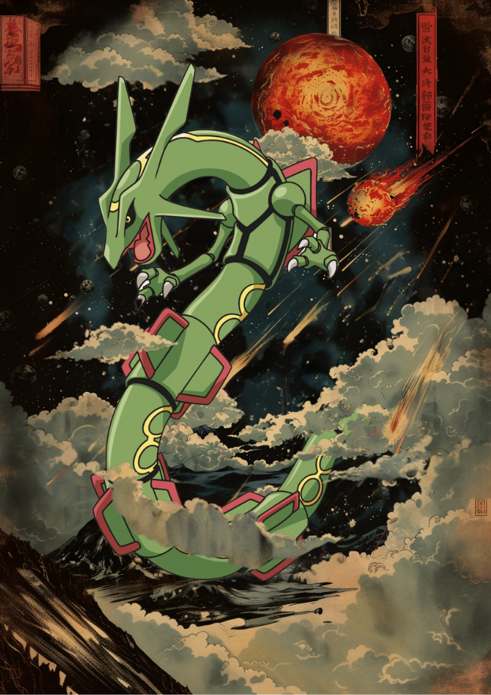 Rayquaza Print: Japanese Style Pokemon Inspired Anime Artwork, Pokemon Rayquaza