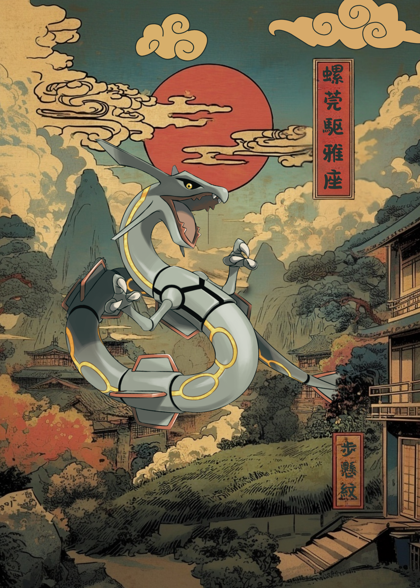 Rayquaza Pokemon in a traditional Japanese setting with a red sun and clouds.