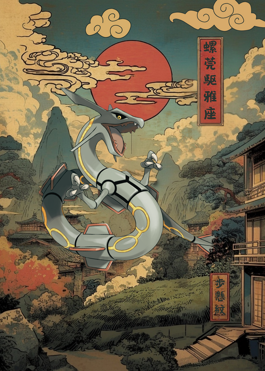 Rayquaza Pokemon in a traditional Japanese setting with a red sun and clouds.